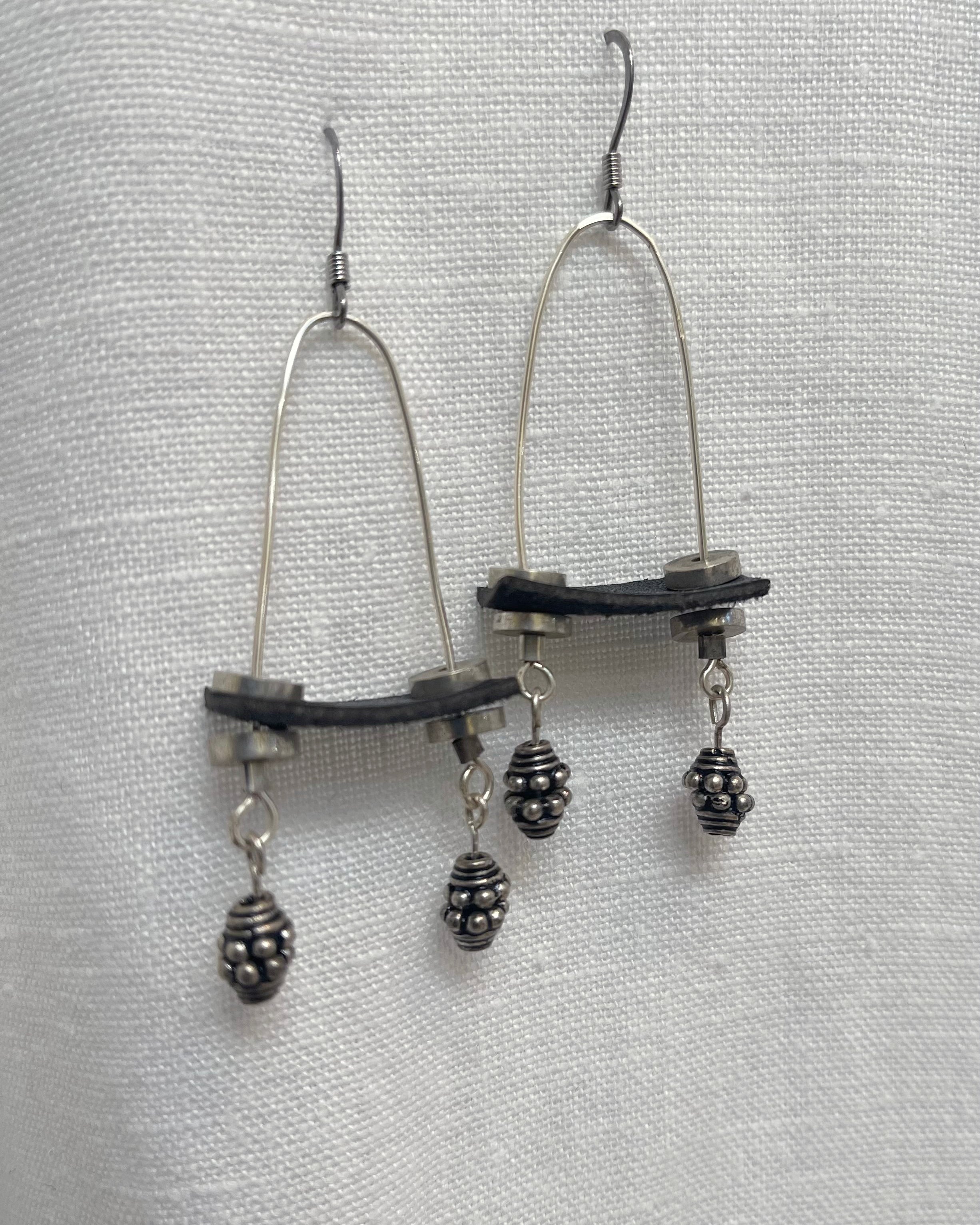 Sterling Silver Earrings with Black Leather and two dangles