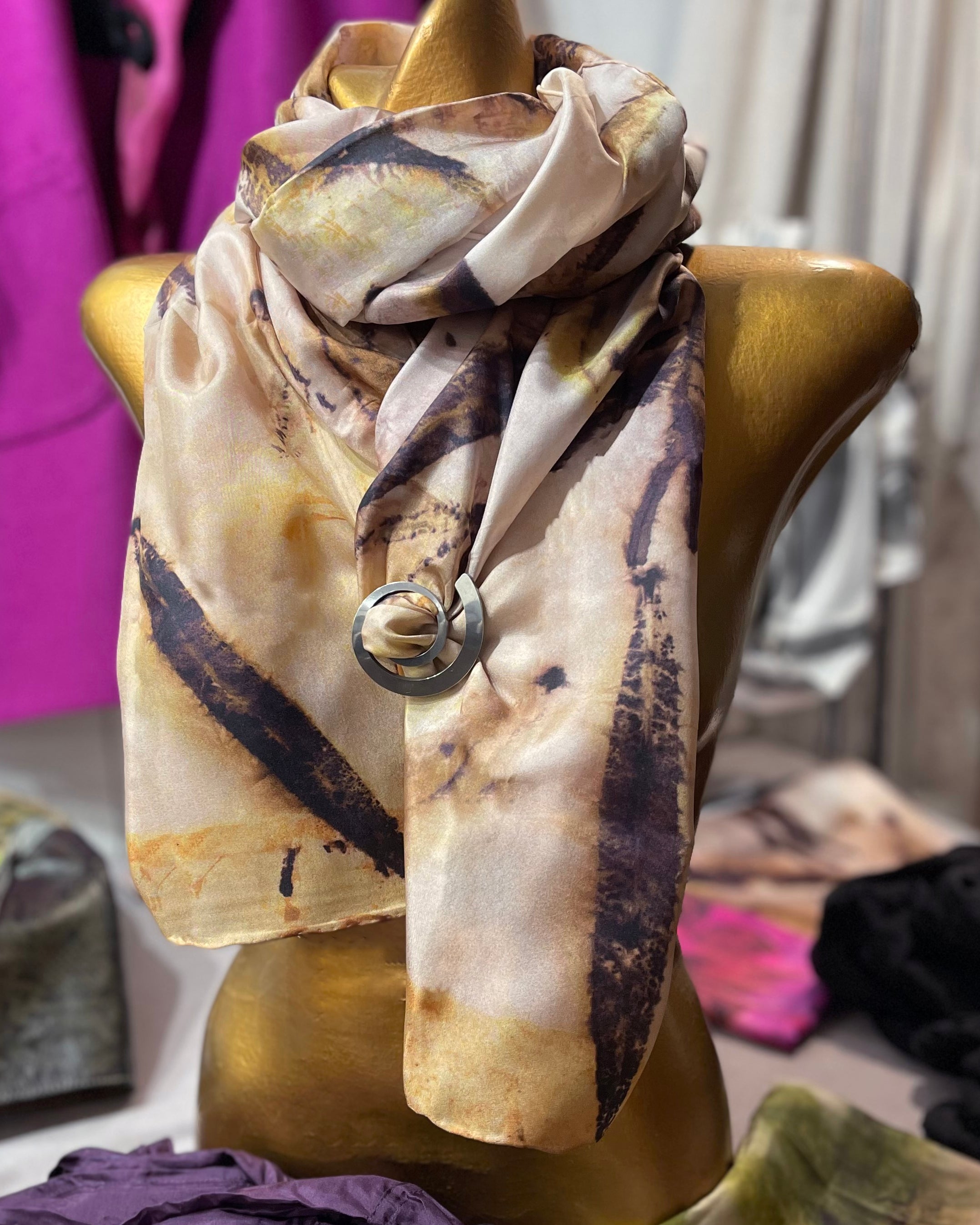 Stainless steel scarf knot, modern brushed stainless steel knot brooch.