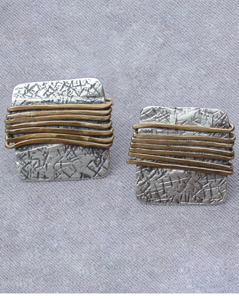 Handcrafted Sterling Silver Square Earrings with Brass Wrap
