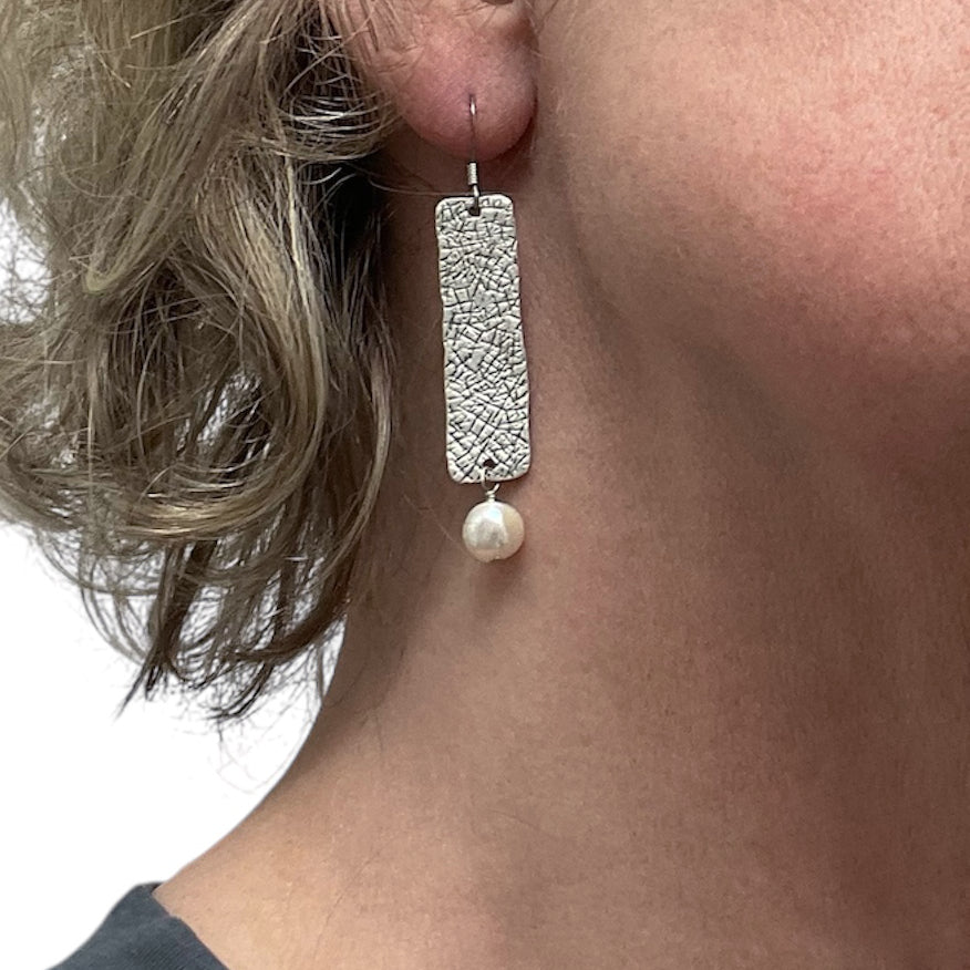 Sterling Silver Rectangle Earrings with Pearl Drops