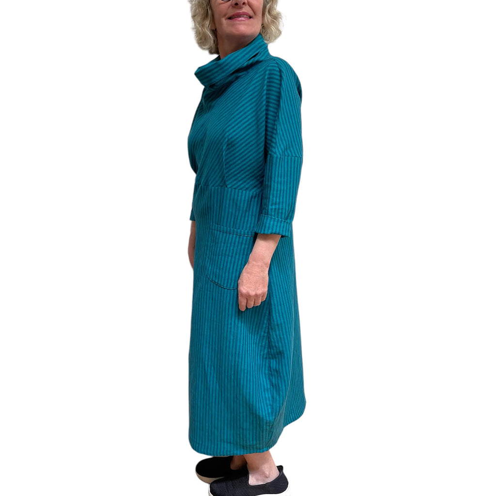 Teal Linen Cotton Dress | Coastal Style A-Line Dress with Pockets