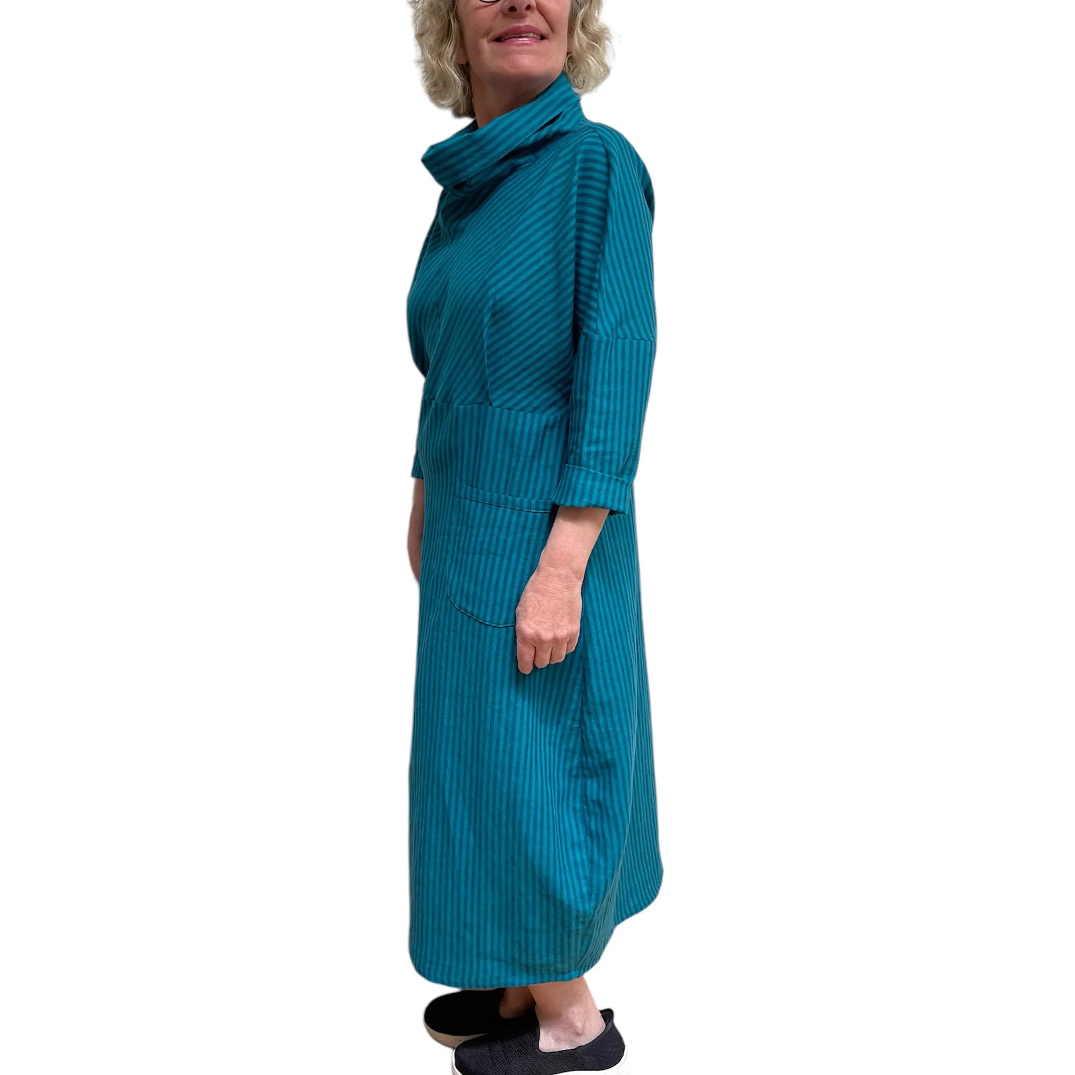 Teal Linen Cotton Dress | Coastal Style A-Line Dress with Pockets