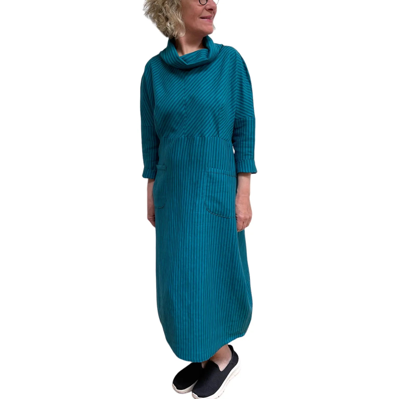 Teal Linen Cotton Dress | Coastal Style A-Line Dress with Pockets