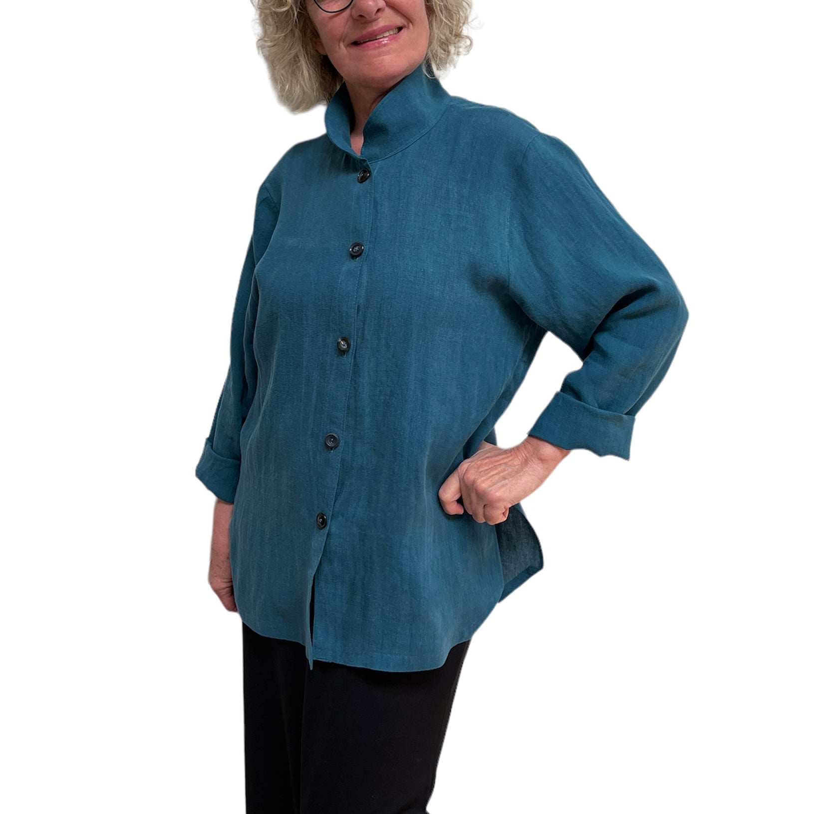 Teal Linen Big Shirt - Button-Up with Vintage Buttons and Stand Collar