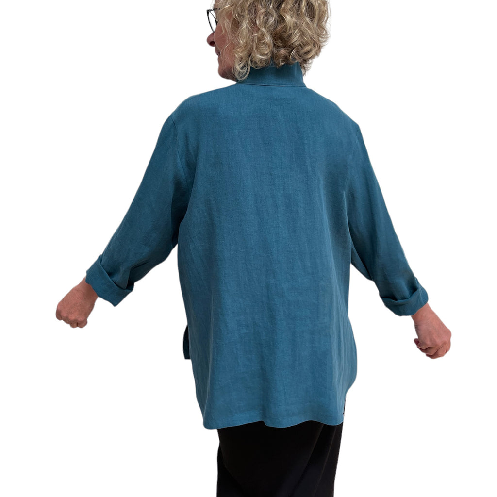 Teal Linen Big Shirt - Button-Up with Vintage Buttons and Stand Collar