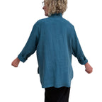 Teal Linen Big Shirt - Button-Up with Vintage Buttons and Stand Collar