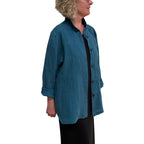 Teal Linen Big Shirt - Button-Up with Vintage Buttons and Stand Collar