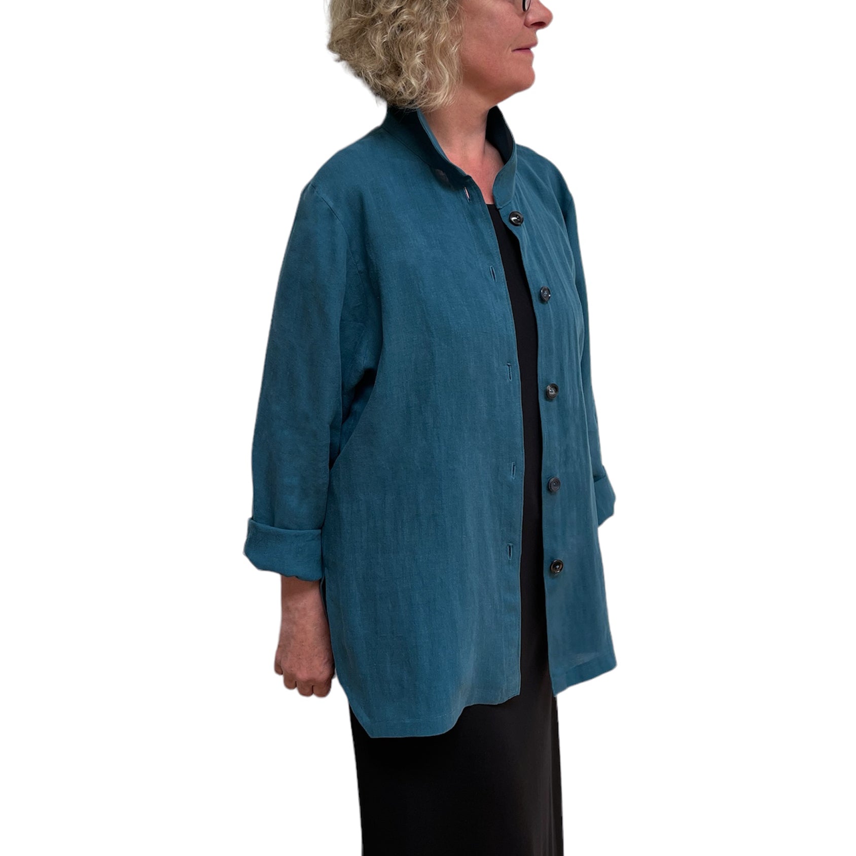 Teal Linen Big Shirt - Button-Up with Vintage Buttons and Stand Collar