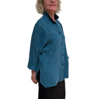 Teal Linen Big Shirt - Button-Up with Vintage Buttons and Stand Collar