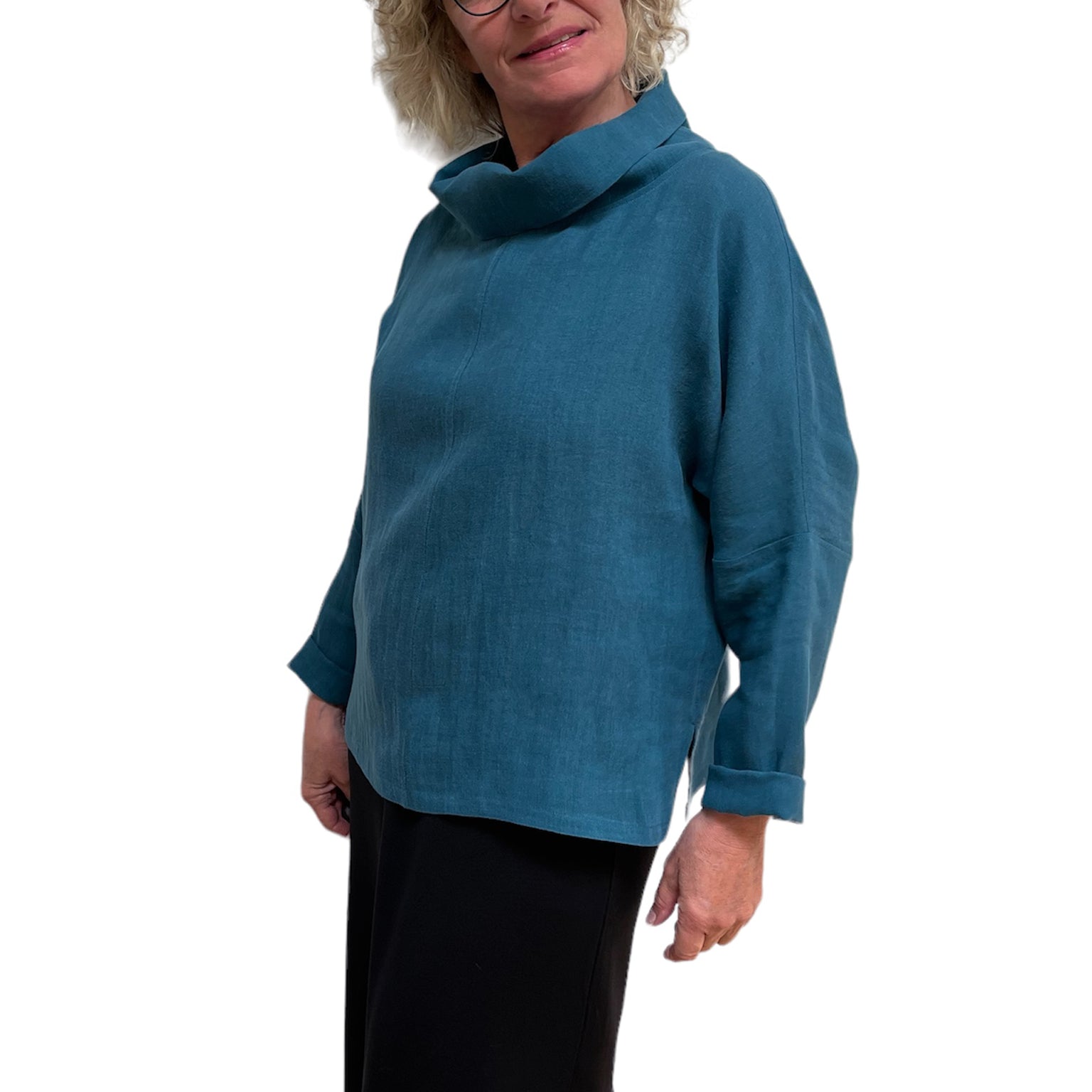 Teal Linen Cowl Neck Top – Breathable Elegance & Versatile Style