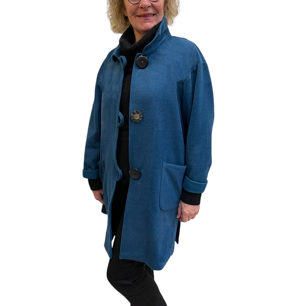 Teal Wool Long Fall Jacket With Pockets