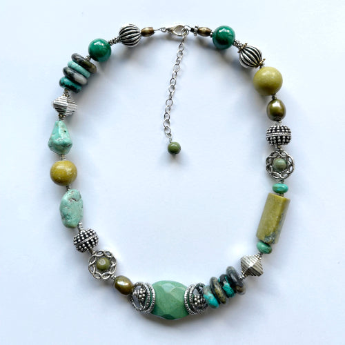 Chunky Turquoise Beaded Necklace - Sterling Silver with Pearl and Gemstones