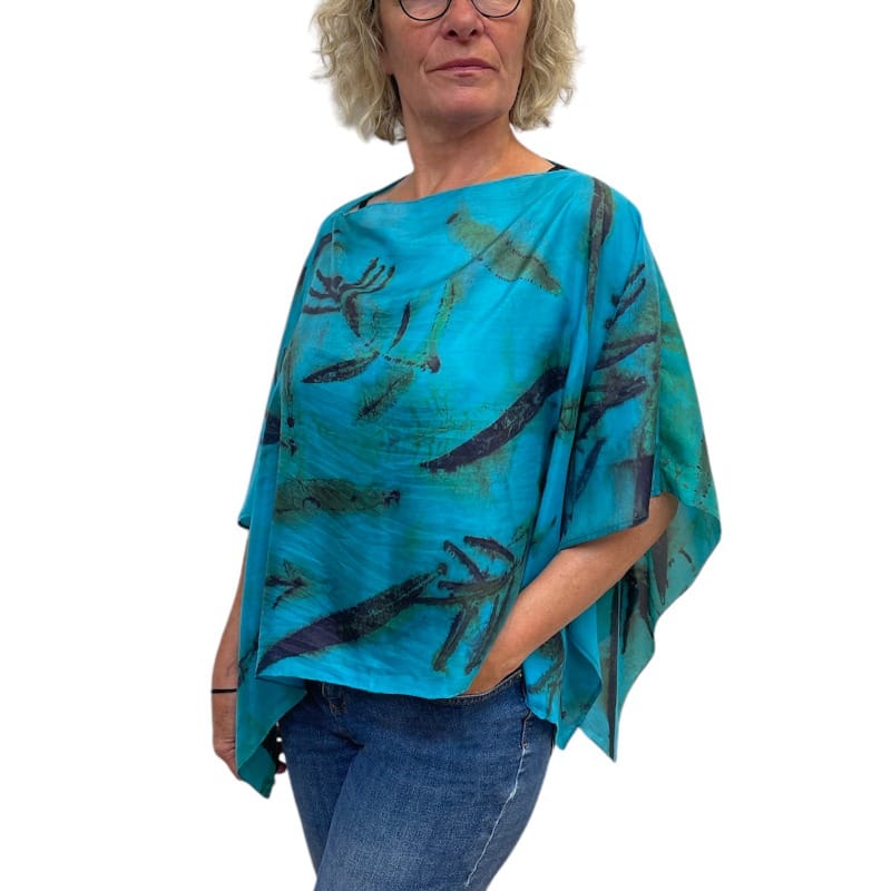 Handcrafted Fireweed Botanical Printed Turquoise Silk Poncho