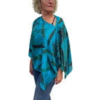 Turquoise Eco-Printed Silk Poncho - Handcrafted Botanical Fireweed Design