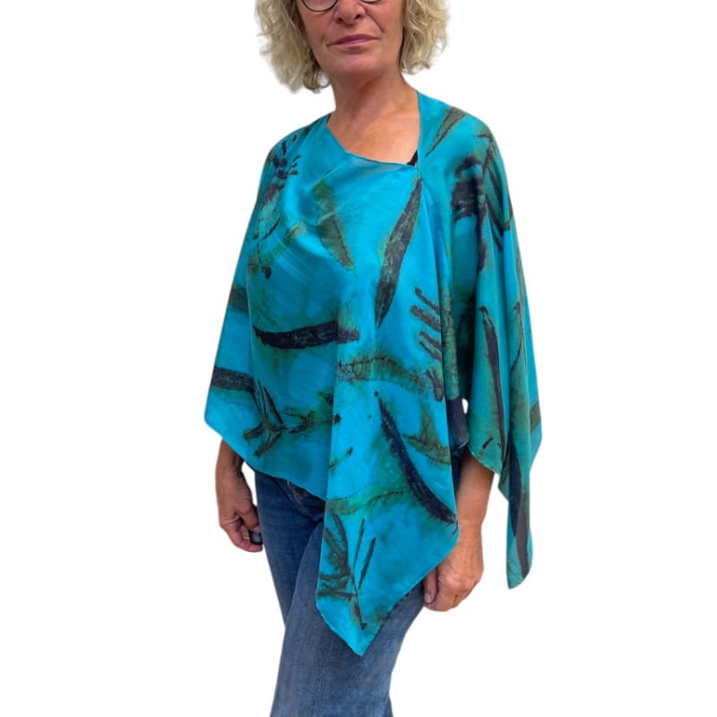 Handcrafted Fireweed Botanical Printed Turquoise Silk Poncho
