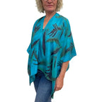 Turquoise Eco-Printed Silk Poncho - Handcrafted Botanical Fireweed Design