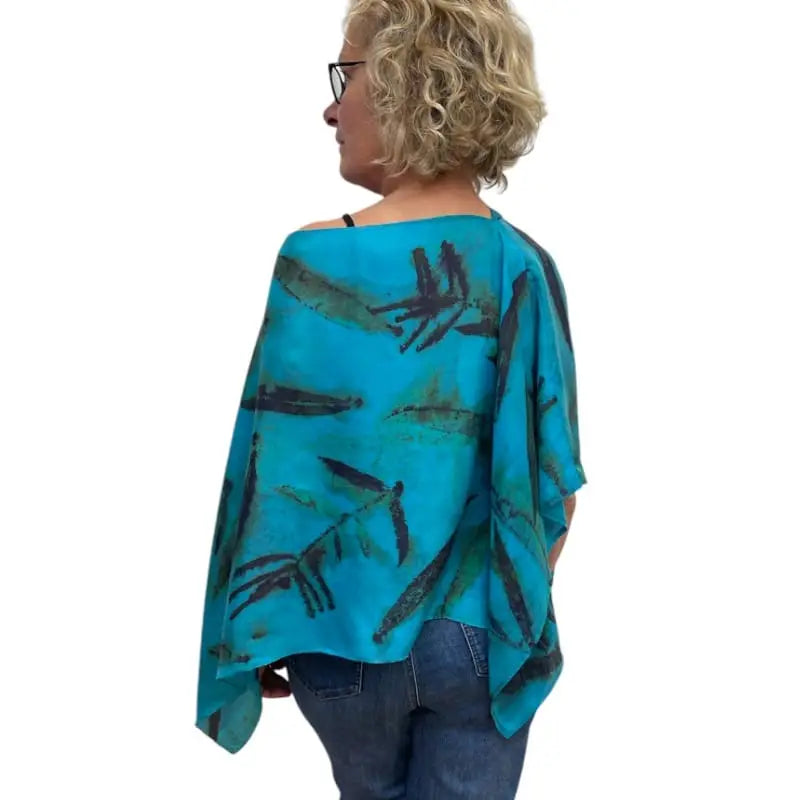 Turquoise Eco-Printed Silk Poncho - Handcrafted Botanical Fireweed Design
