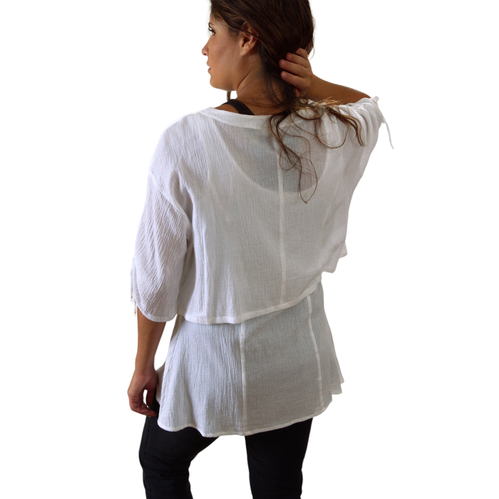 White Cotton Gauze Tank Top Set | 2-Piece Princess Line Top with Cropped Layer