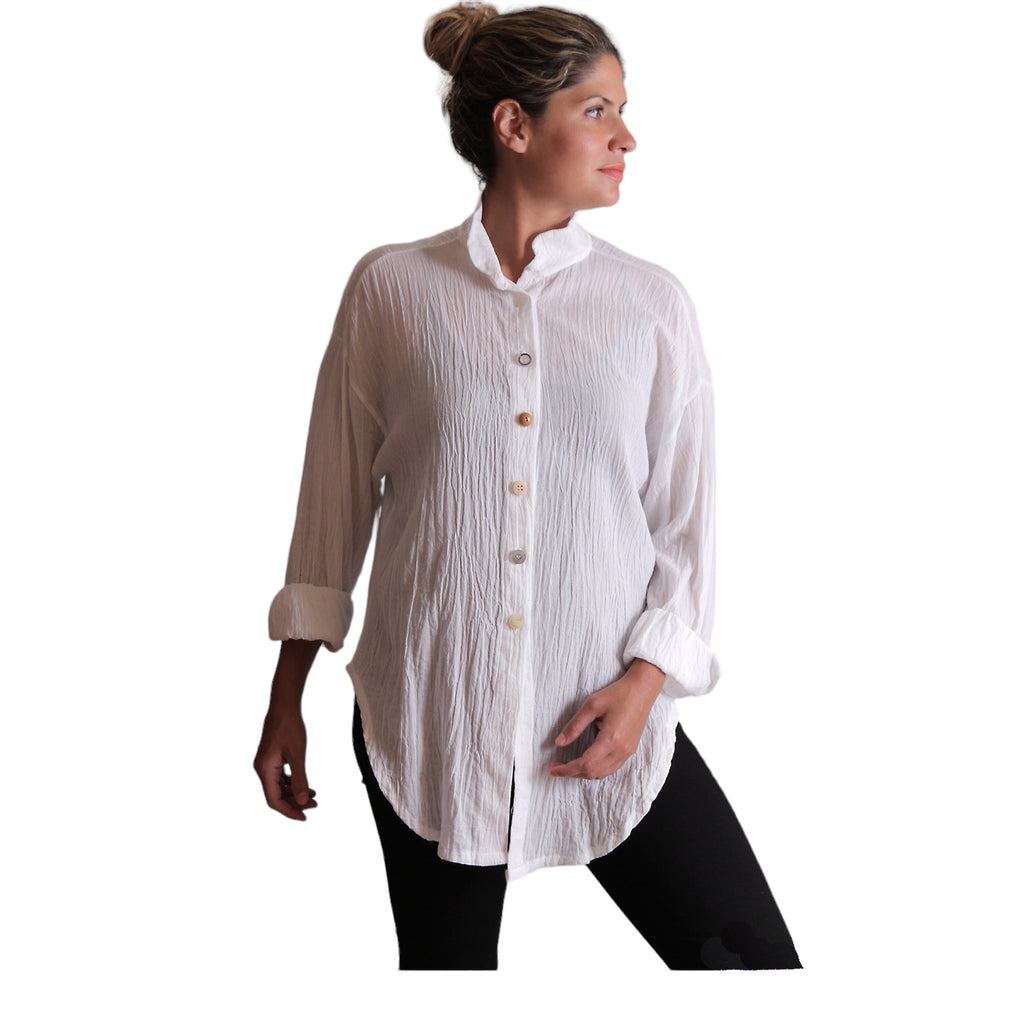 Cotton Gauze Boyfriend Shirt - Lightweight Long Sleeve Beach Cover Up with Vintage Buttons