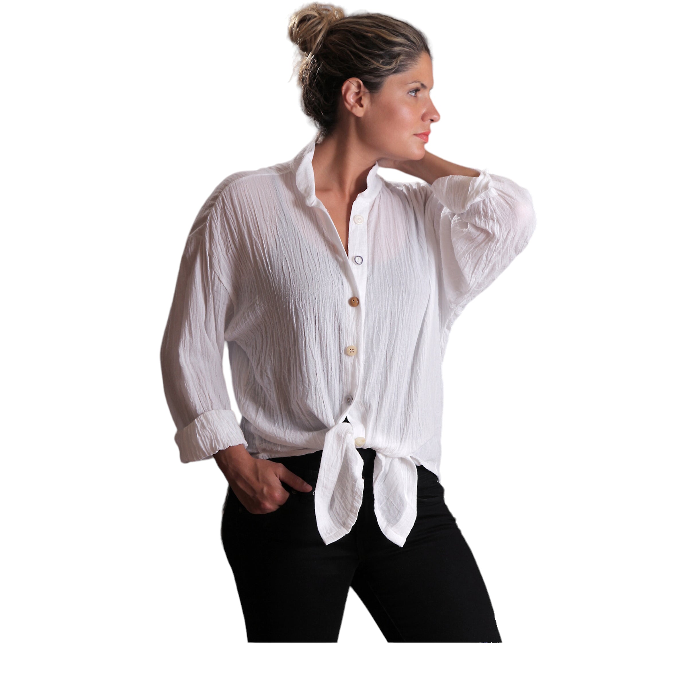 Cotton Gauze Boyfriend Shirt - Lightweight Long Sleeve Beach Cover Up with Vintage Buttons