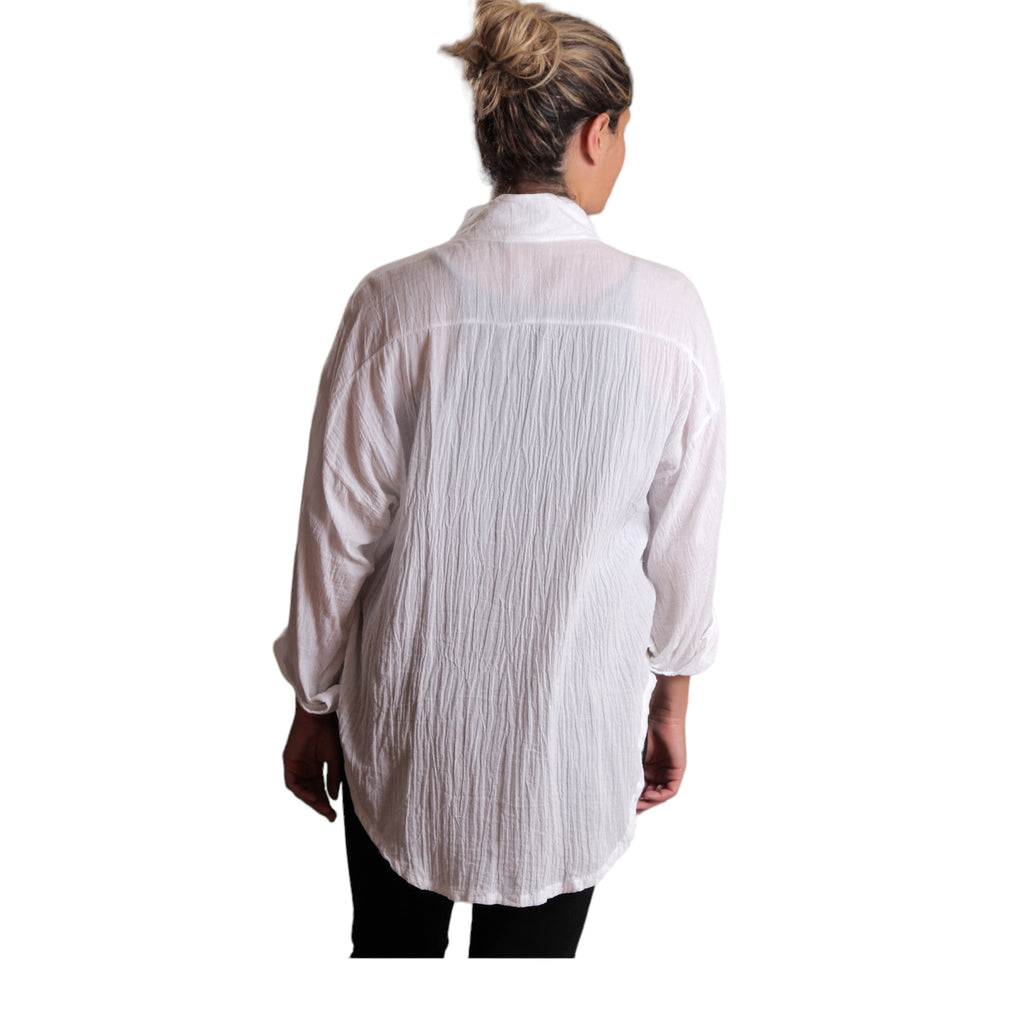 Cotton Gauze Boyfriend Shirt - Lightweight Long Sleeve Beach Cover Up with Vintage Buttons