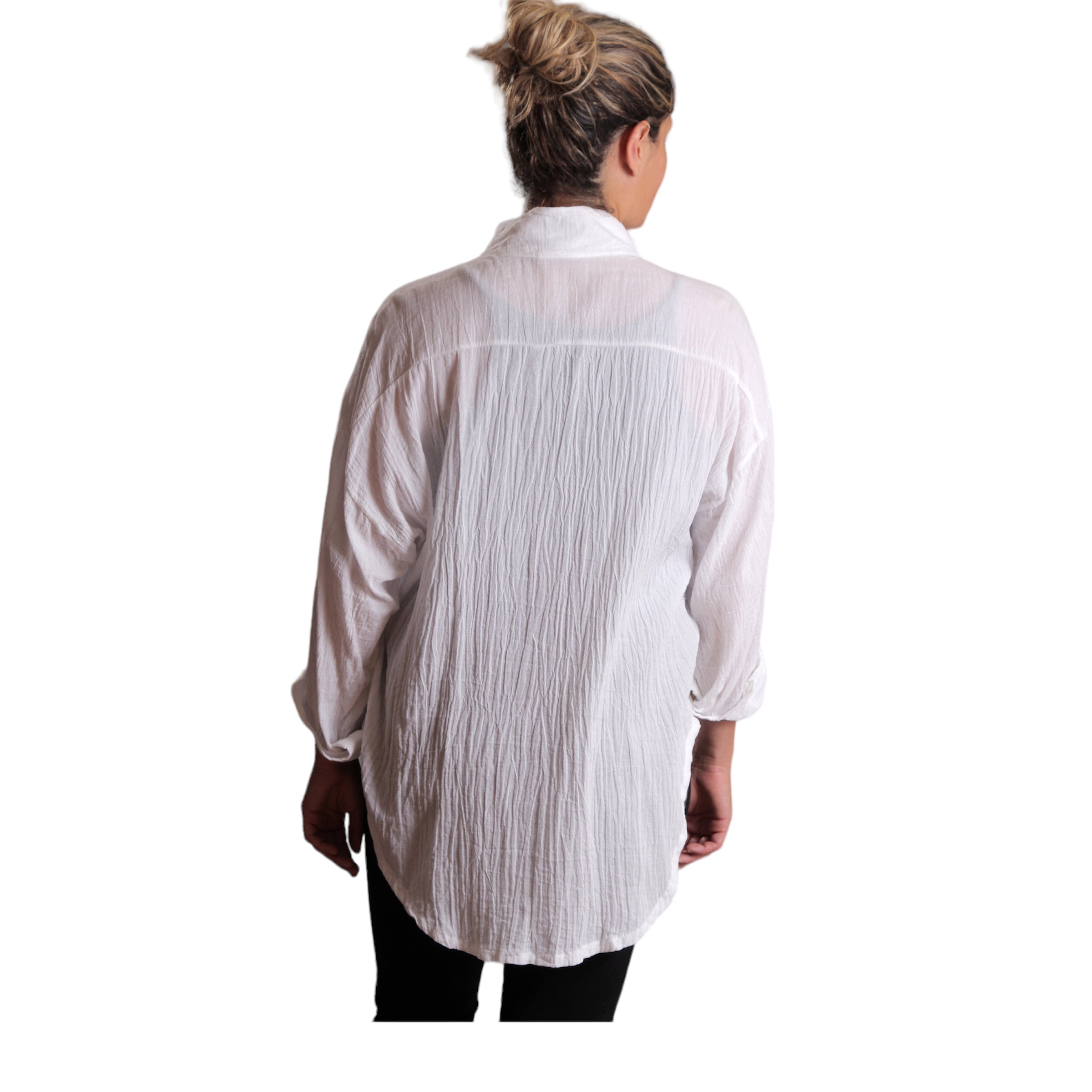 Cotton Gauze Boyfriend Shirt - Lightweight Long Sleeve Beach Cover Up with Vintage Buttons