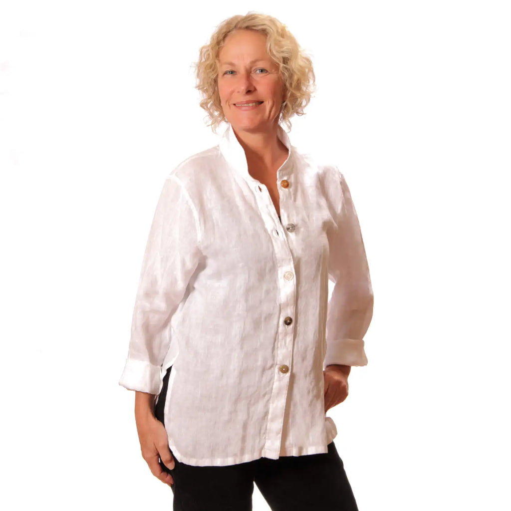 White Linen Shirt with Unique Upcycled Buttons