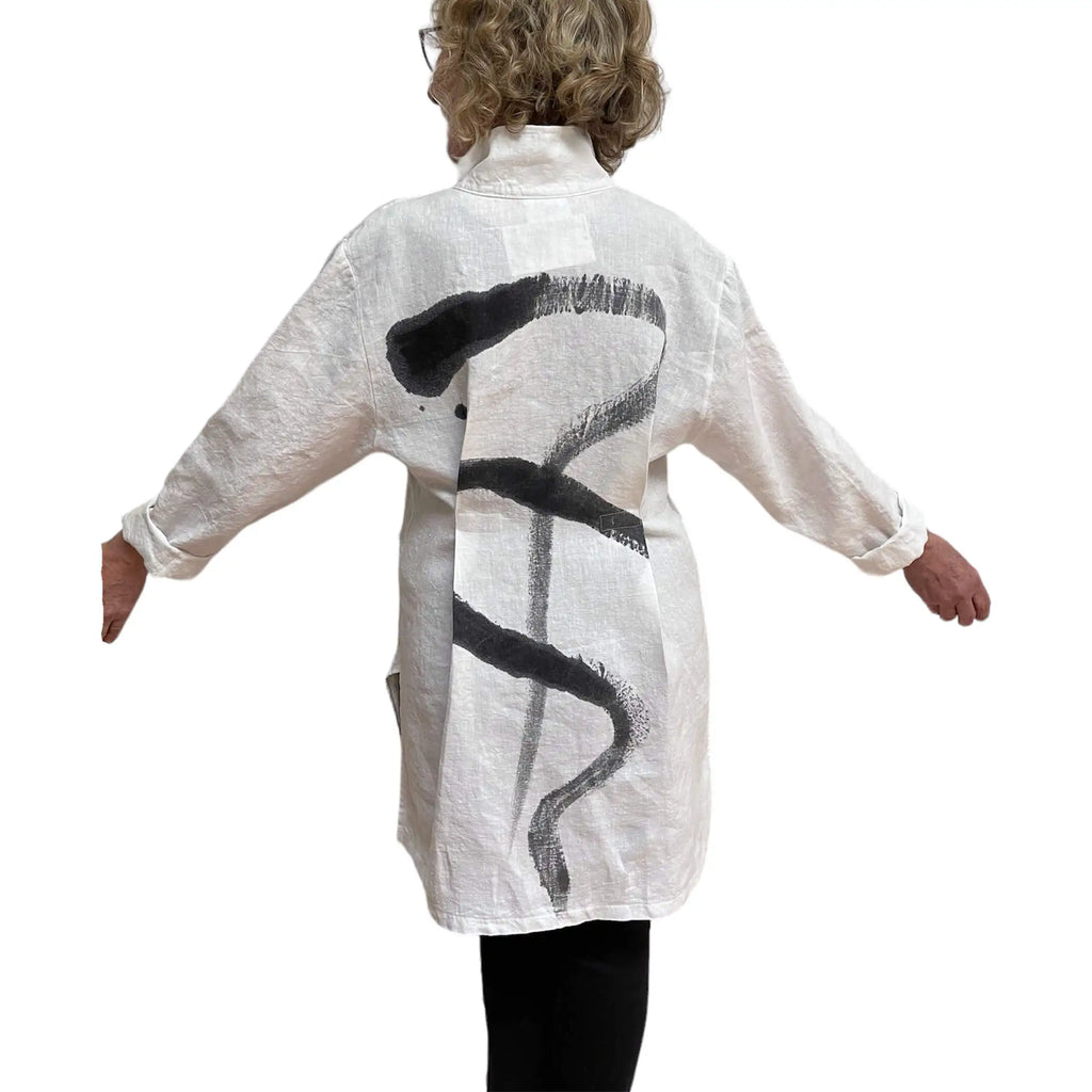 Hand-Painted White Linen Jacket with Vintage Buttons