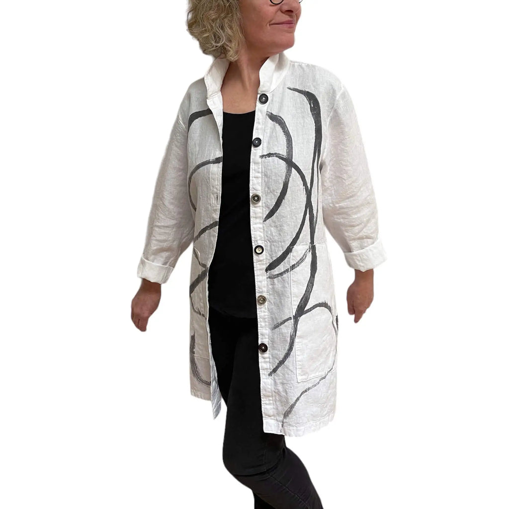 Hand-Painted White Linen Jacket with Vintage Buttons