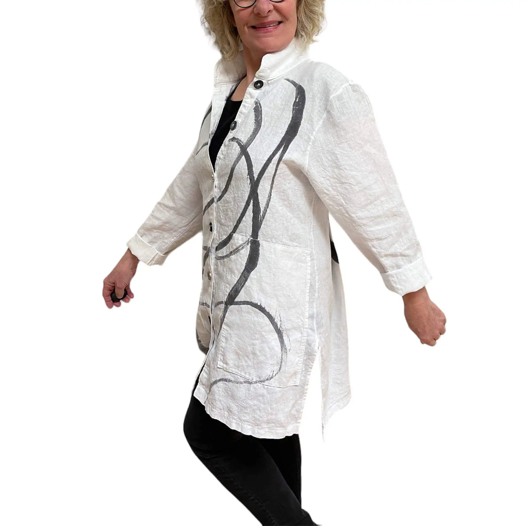 Hand-Painted White Linen Jacket with Vintage Buttons