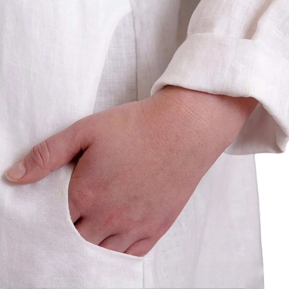 White Linen Jacket - Oversized Shirt with Vintage Buttons and Pockets