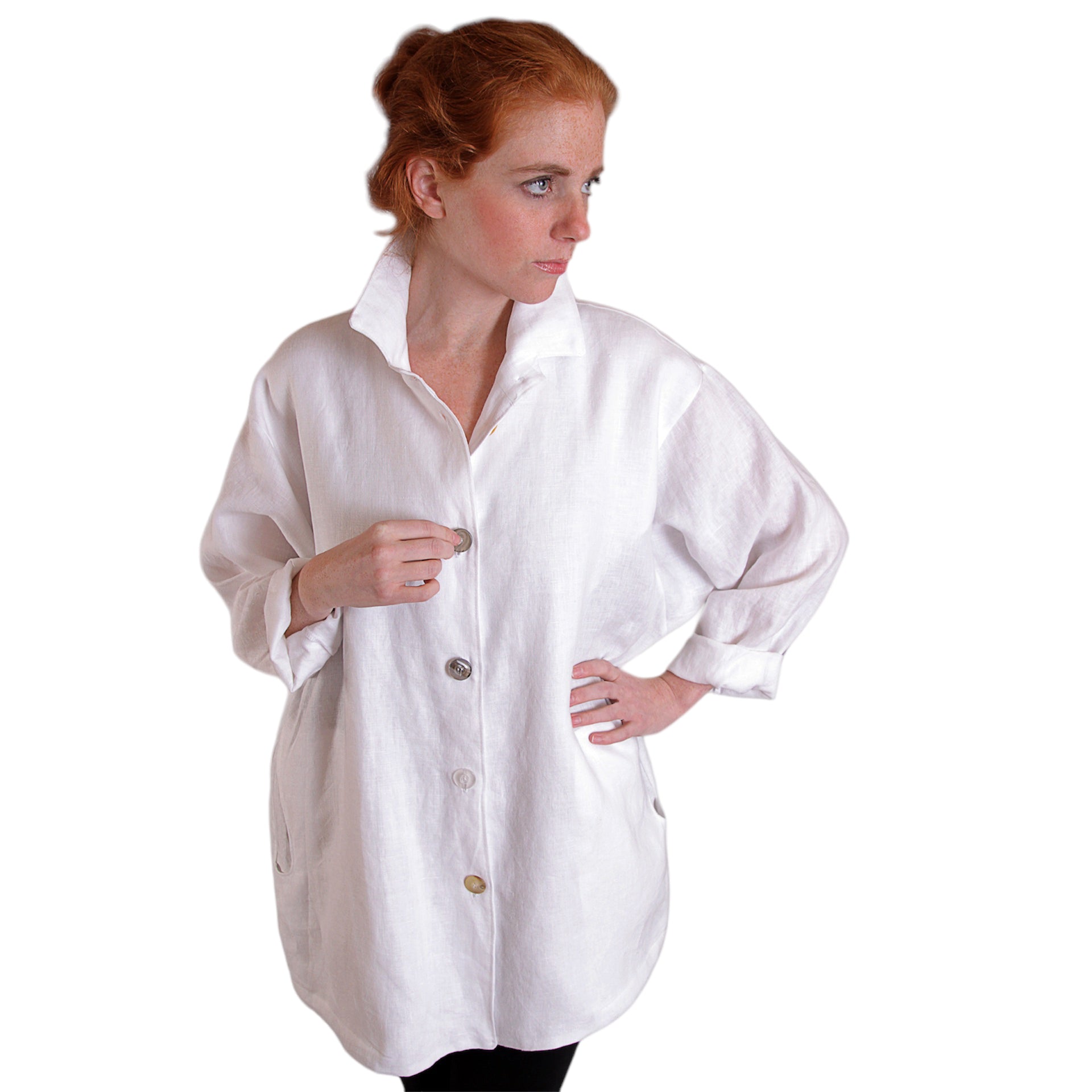 White Linen Jacket - Oversized Shirt with Vintage Buttons and Pockets