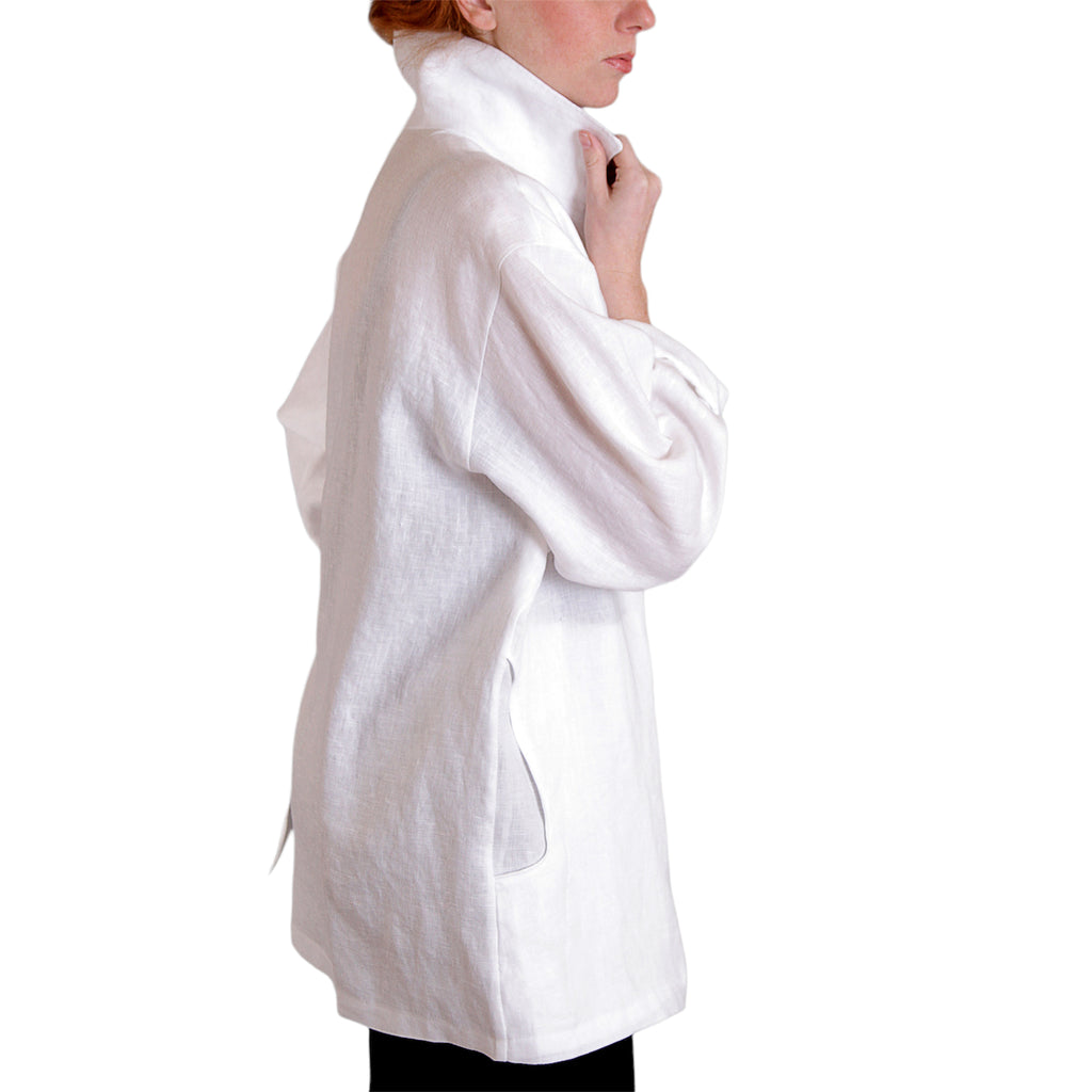 White Linen Jacket - Oversized Shirt with Vintage Buttons and Pockets