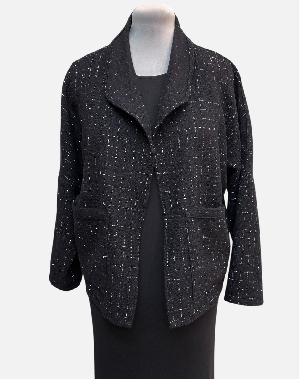 Classic Black White Wool Windowpane Jacket - One Size