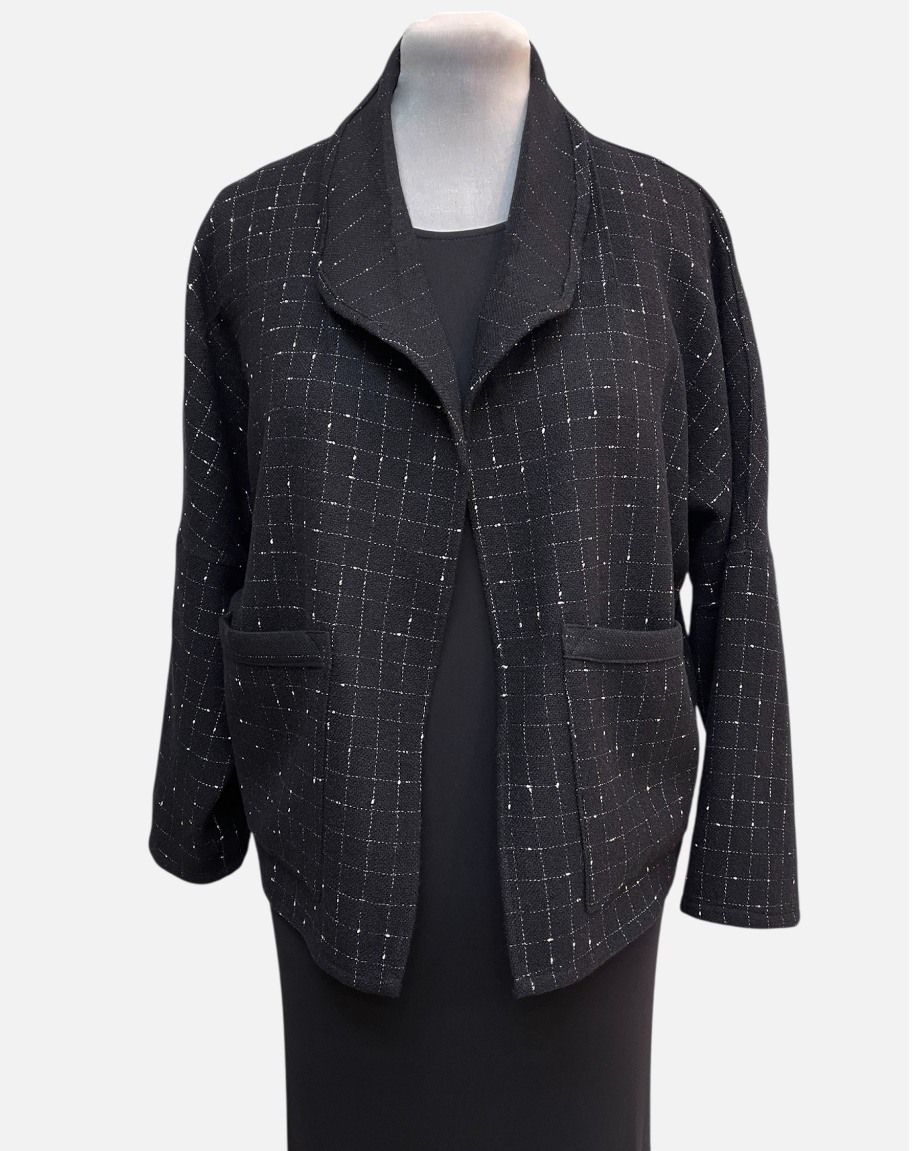 Classic Black White Wool Windowpane Jacket - One Size