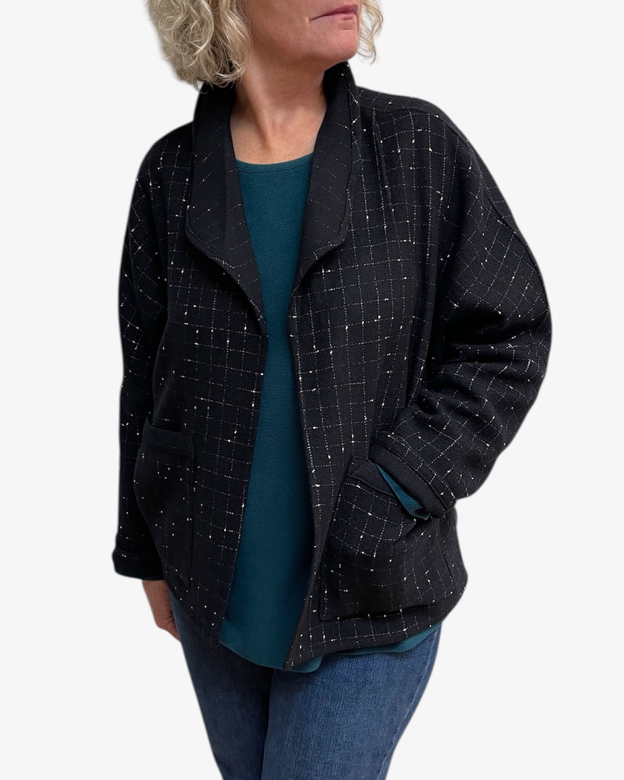 Classic Black White Wool Windowpane Jacket - One Size