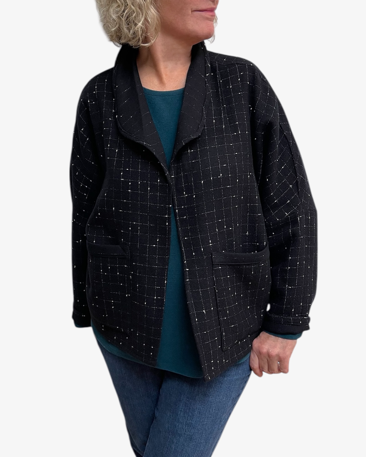 Classic Black White Wool Windowpane Jacket - One Size