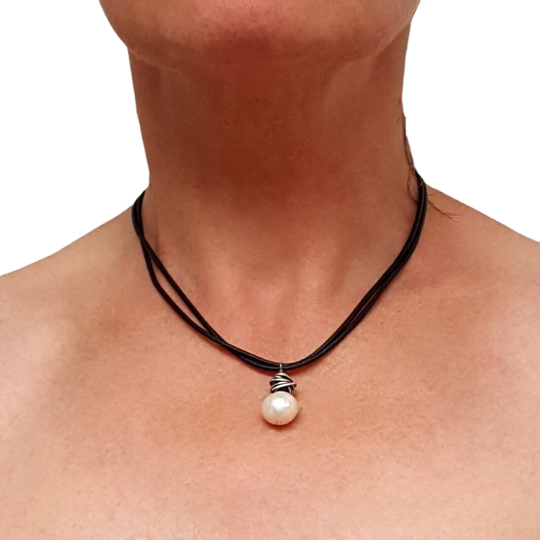 Pearl and Leather Necklace | Sterling Silver Wire-Wrapped Freshwater Pearl on Double Leather Cord