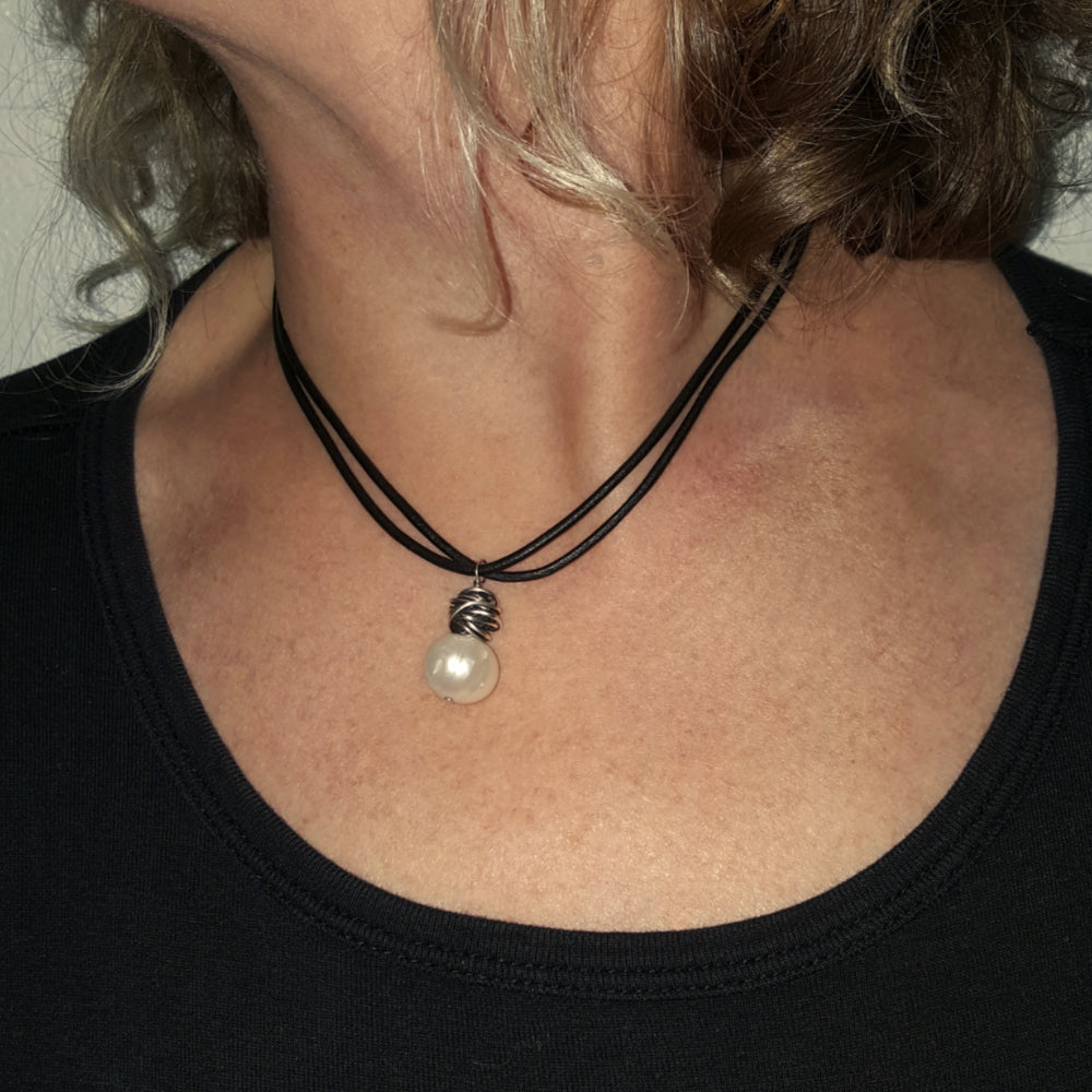 Pearl and Leather Necklace | Sterling Silver Wire-Wrapped Freshwater Pearl on Double Leather Cord