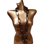 Black Leather Loop Necklace 25" - Edgy Jewelry with Silver Rivets