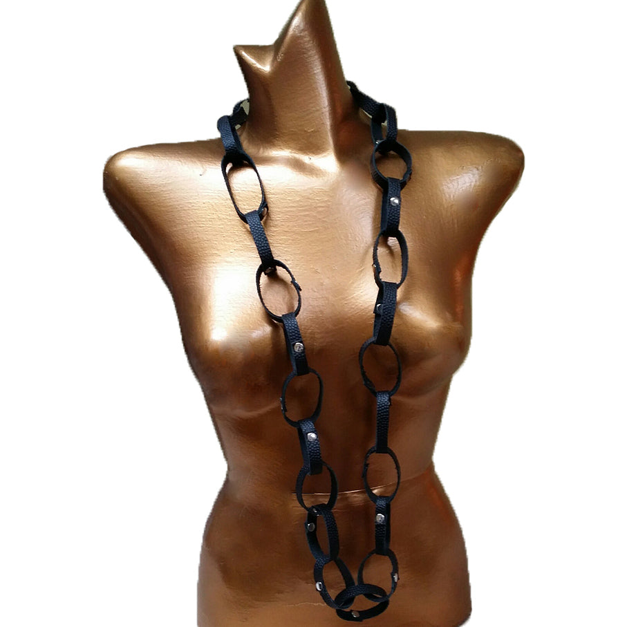 Black Leather Loop Necklace 25" - Edgy Jewelry with Silver Rivets
