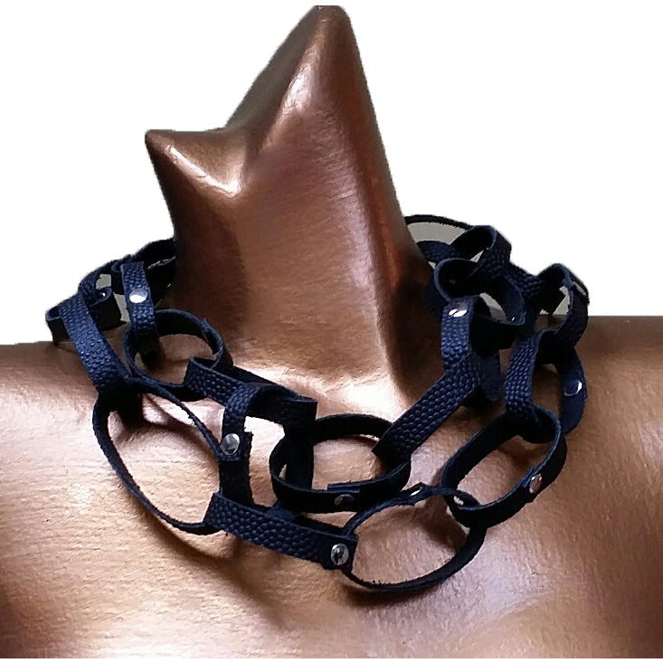 Black Leather Loop Necklace 25" - Edgy Jewelry with Silver Rivets