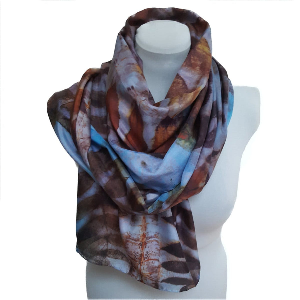 Blue Maroon Eco-Printed Silk Scarf - Black Walnut Botanical Print