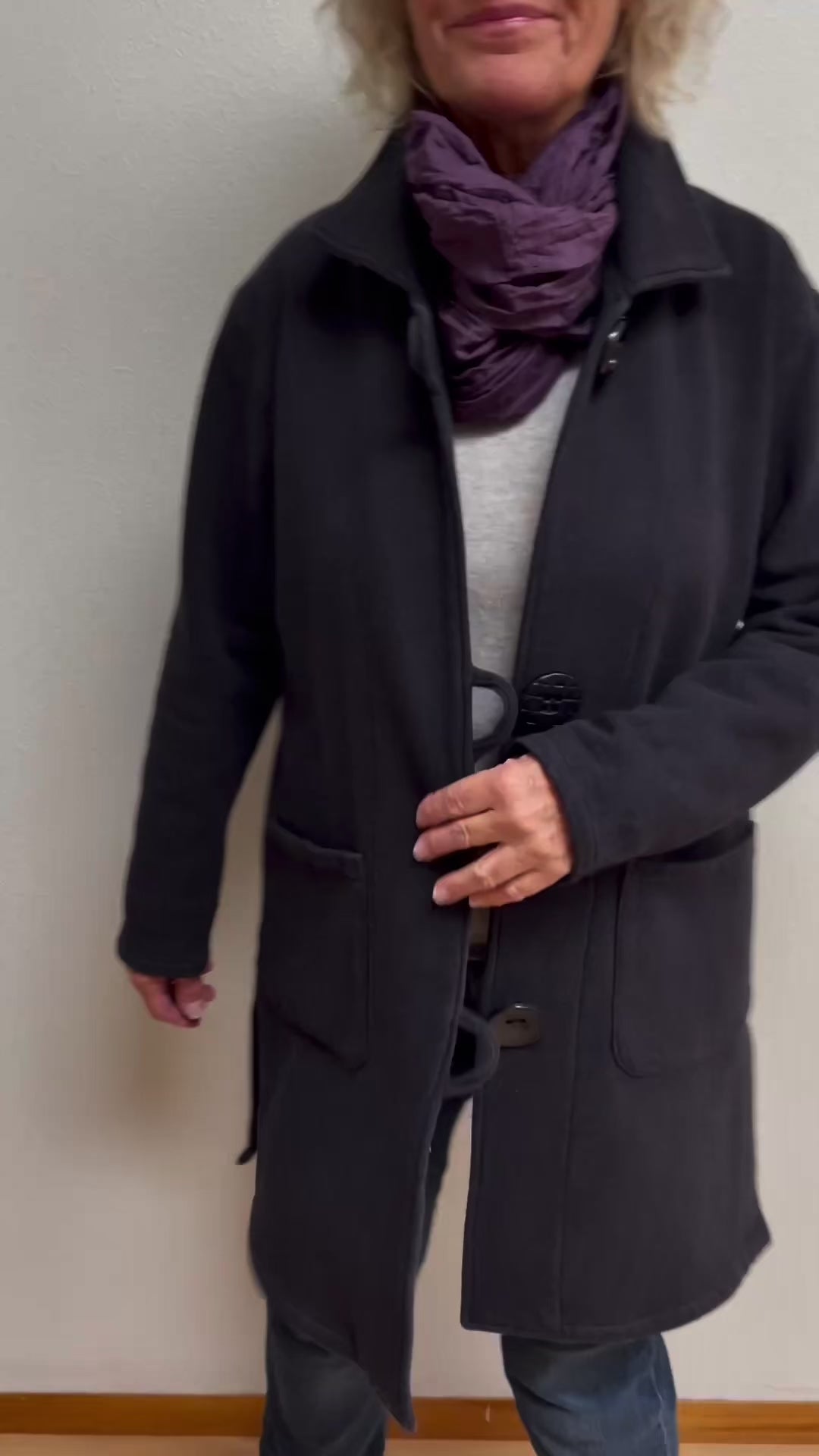 Charcoal Hand-Dyed Cotton Fleece Jacket - Long Jacket with Button Closure