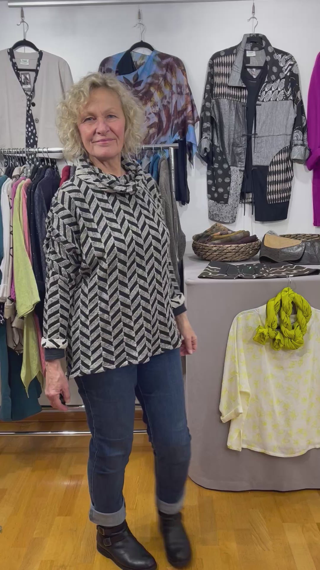 Black Cream Chevron Cotton Cowl Tunic - One Size Women's Statement Top