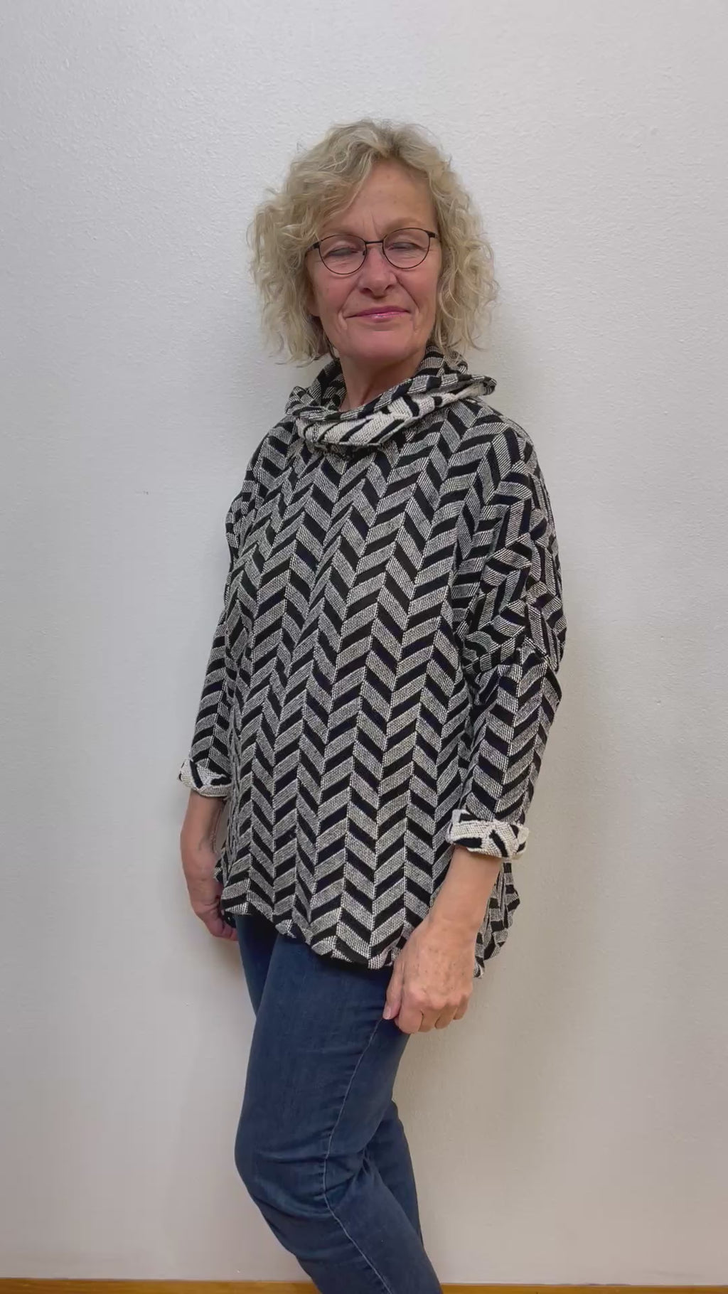 Black Cream Chevron Cotton Cowl Tunic - One Size Women's Statement Top