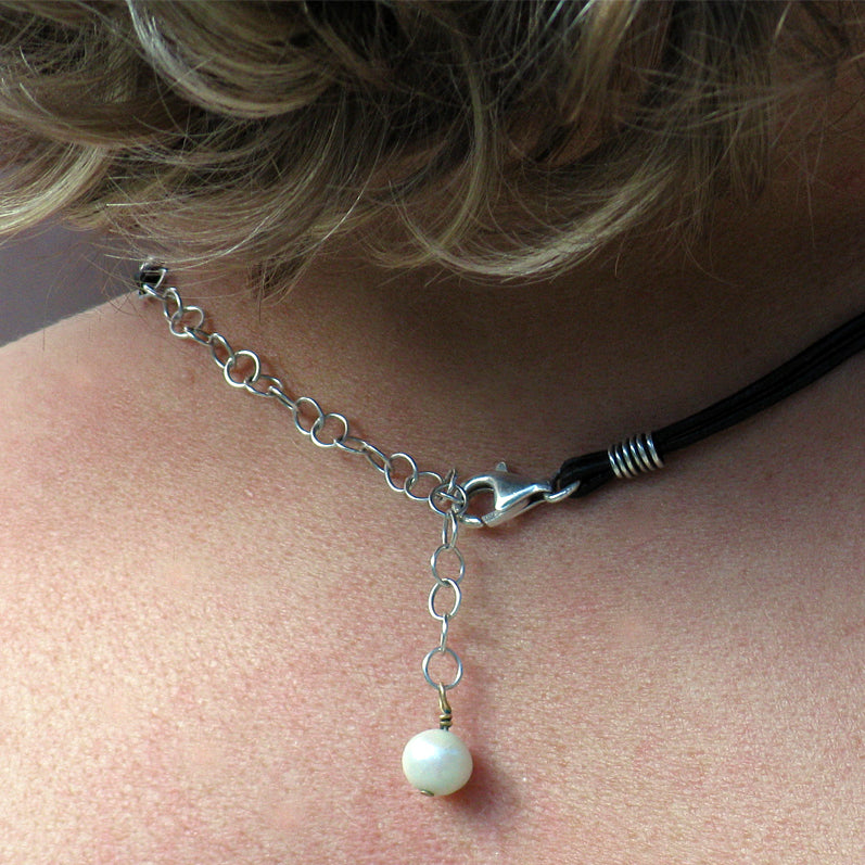 Pearl and Leather Necklace | Sterling Silver Wire-Wrapped Freshwater Pearl on Double Leather Cord